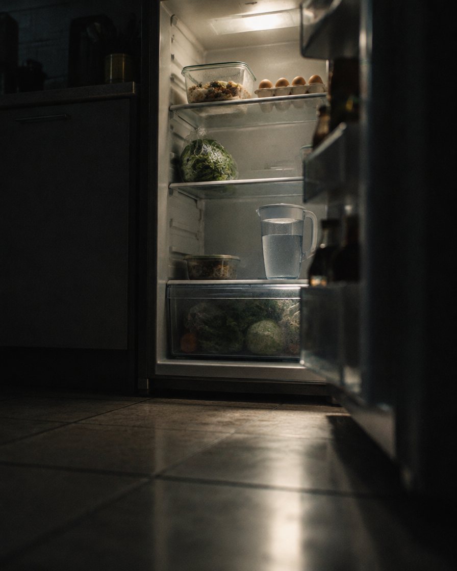 An open refrigerator at night
