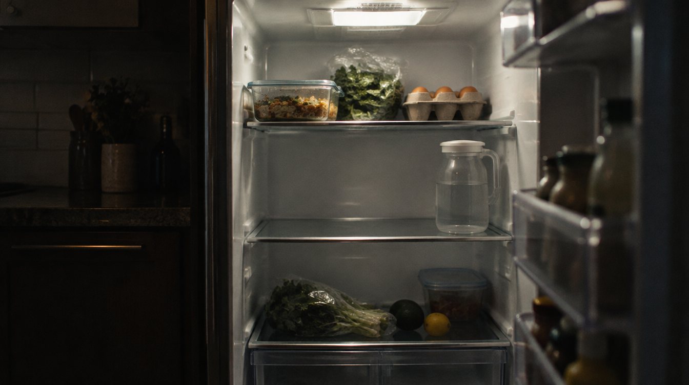 An open refrigerator at night